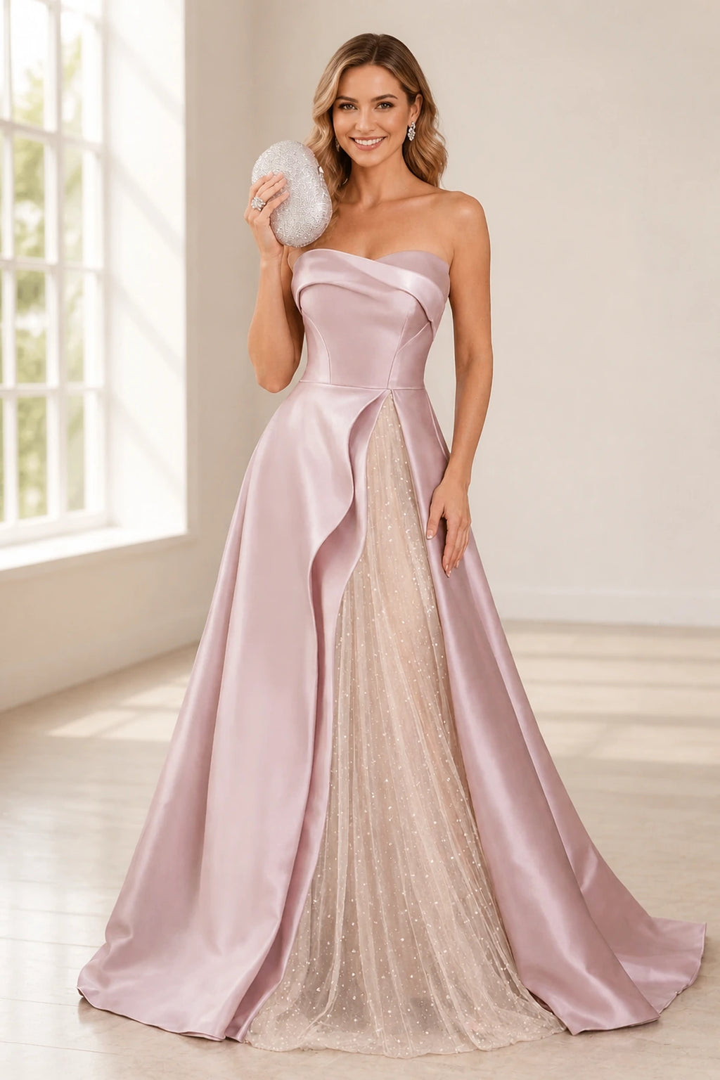 Blush pink strapless A-line wedding guest dress with sparkling sheer front panel