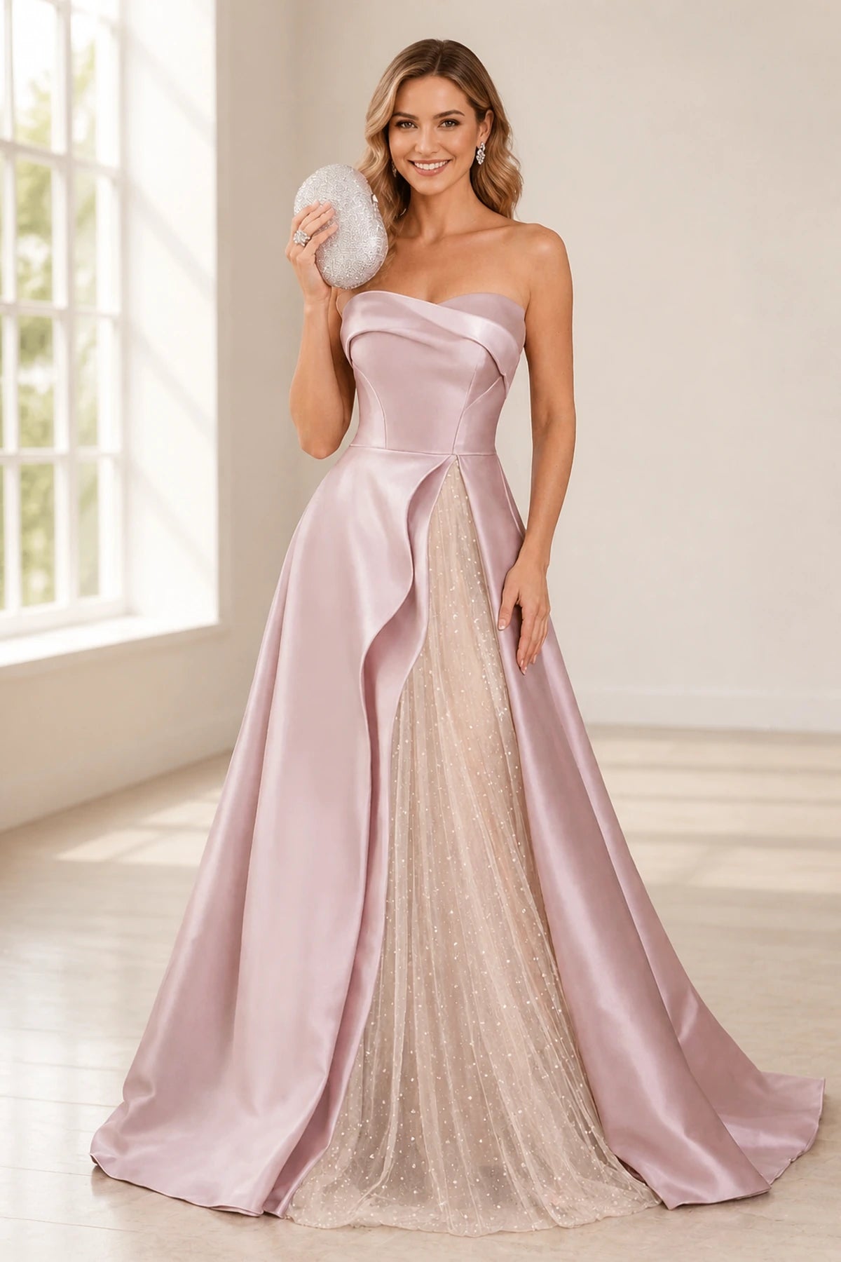 Blush pink strapless A-line wedding guest dress with sparkling sheer front panel