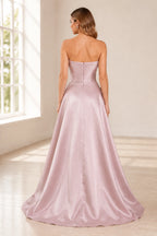 Back view of blush pink strapless floor-length wedding guest dress with zipper