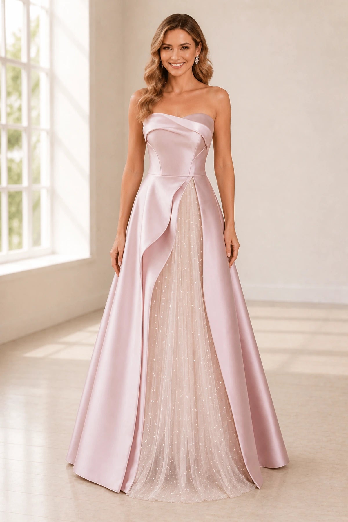 Romantic A-Line Strapless Foldover Neckline Sleeveless Zipper-Back Floor-Length Wedding Guest Dress