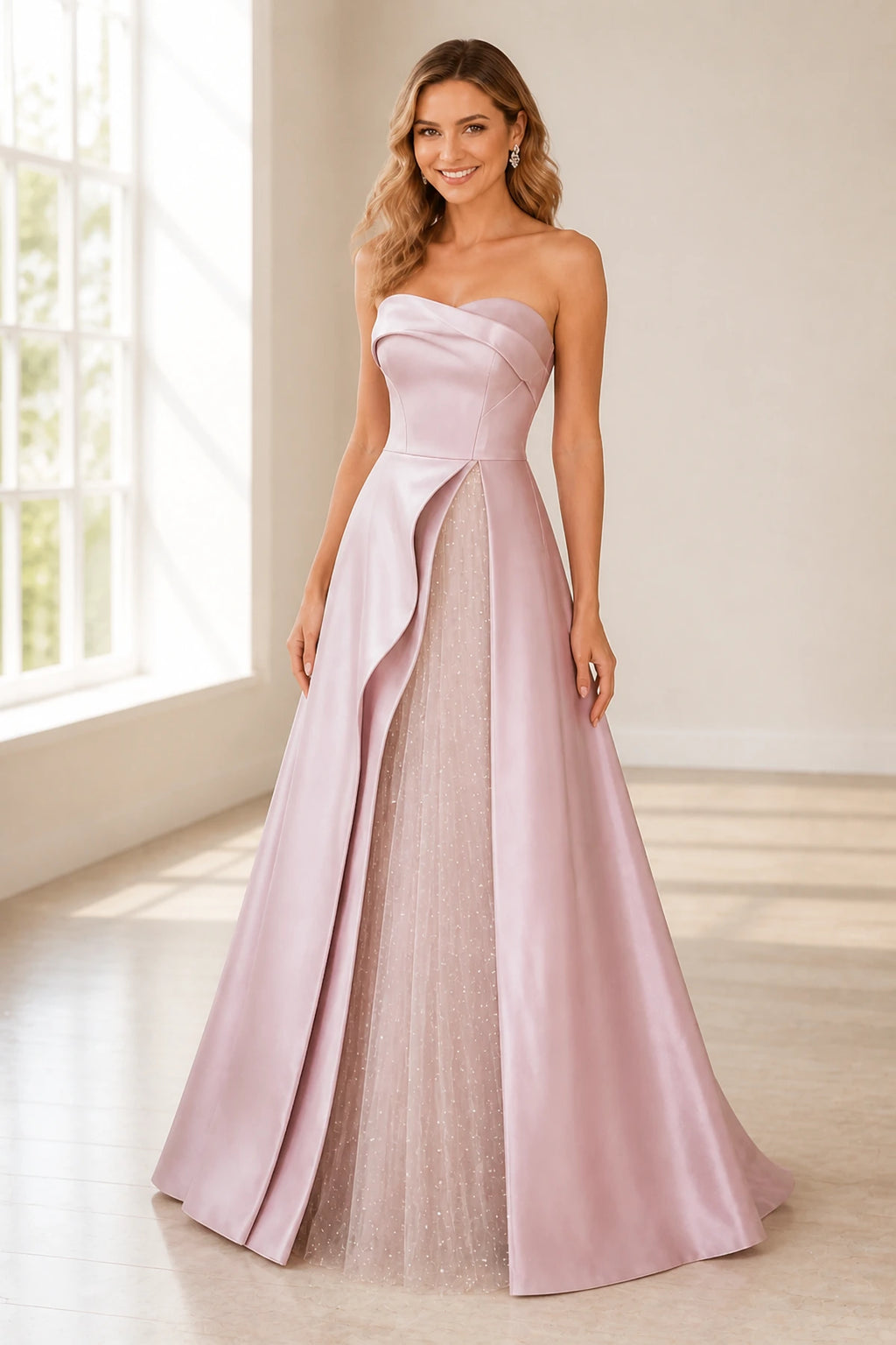 Romantic A-Line Strapless Foldover Neckline Sleeveless Zipper-Back Floor-Length Wedding Guest Dress