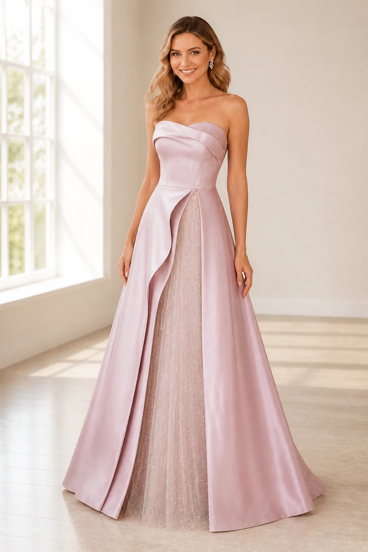 Romantic A-Line Strapless Foldover Neckline Sleeveless Zipper-Back Floor-Length Wedding Guest Dress