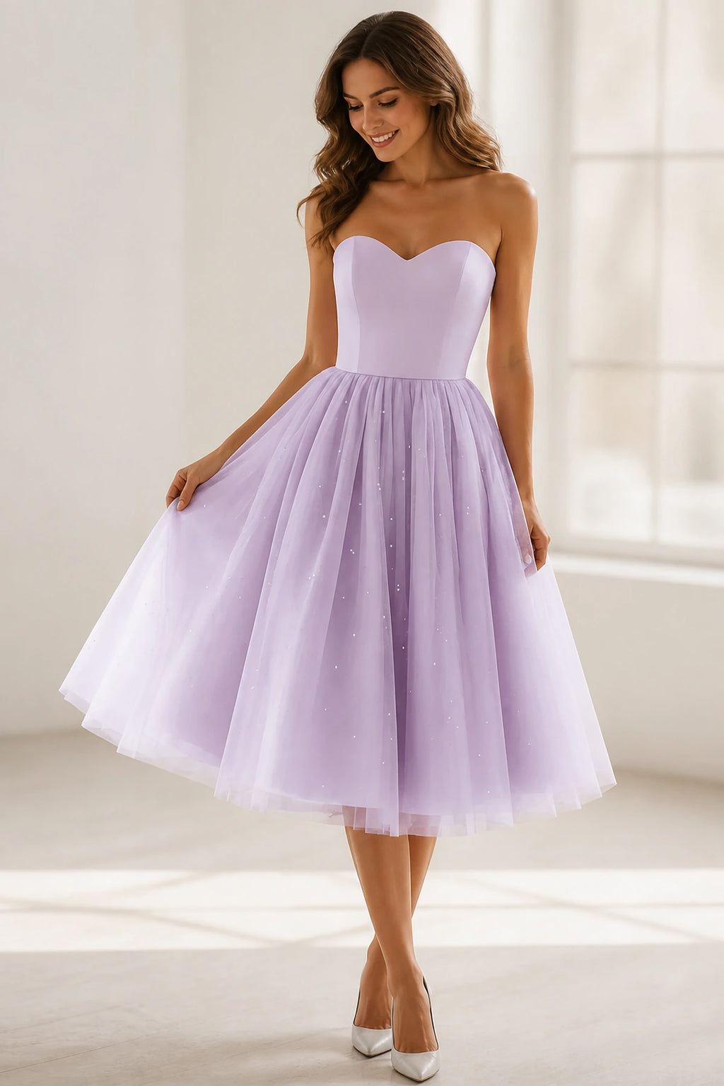 Romantic A-Line Sweetheart Strapless Lace-Up Back Tea-Length Bridesmaid Dress