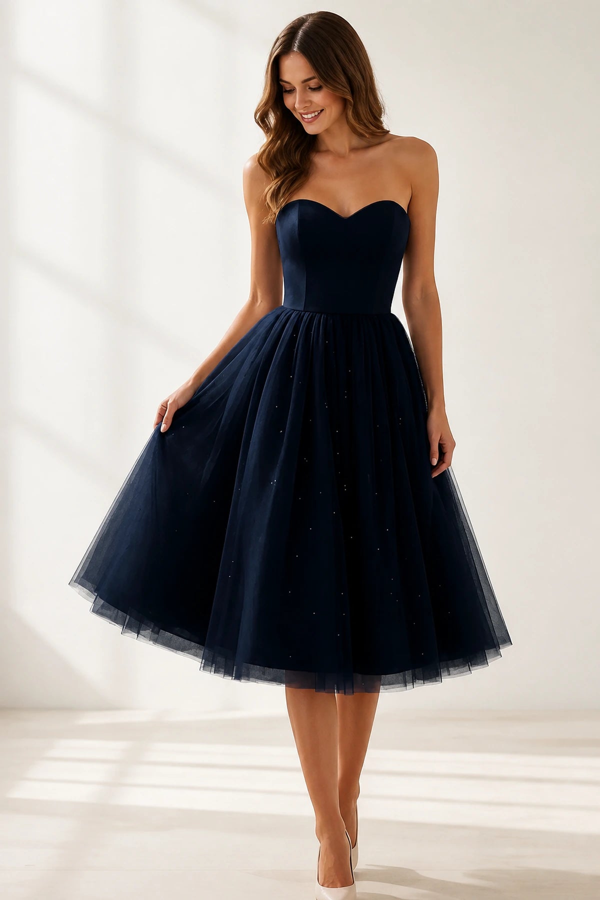 Romantic A-Line Sweetheart Strapless Lace-Up Back Tea-Length Bridesmaid Dress