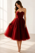 Romantic A-Line Sweetheart Strapless Lace-Up Back Tea-Length Bridesmaid Dress