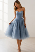 Romantic A-Line Sweetheart Strapless Lace-Up Back Tea-Length Bridesmaid Dress