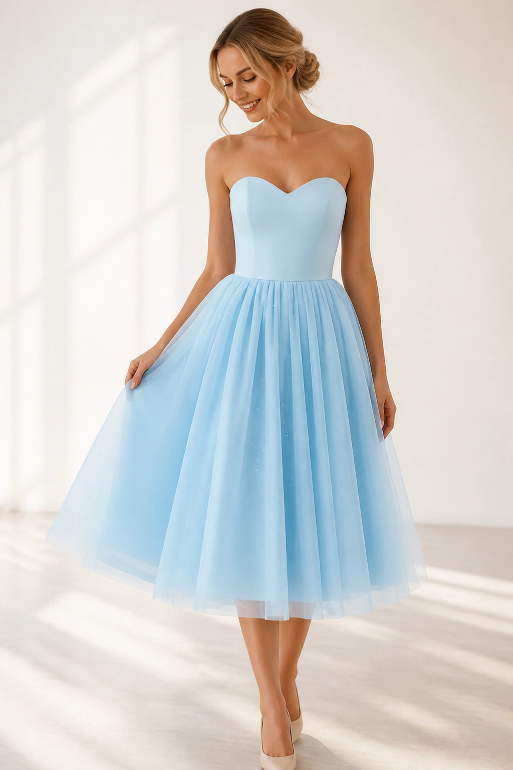 Romantic A-Line Sweetheart Strapless Lace-Up Back Tea-Length Bridesmaid Dress