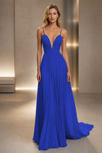 A-Line Plunging V-Neck Sleeveless Low-Back Floor-Length Wedding Guest Dress