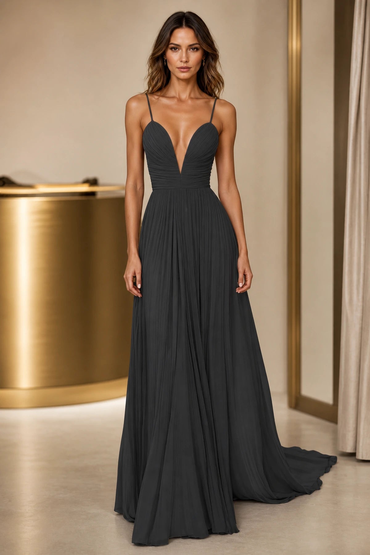 A-Line Plunging V-Neck Sleeveless Low-Back Floor-Length Wedding Guest Dress