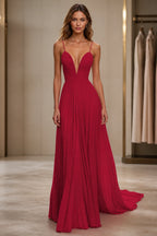 A-Line Plunging V-Neck Sleeveless Low-Back Floor-Length Wedding Guest Dress