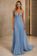 A-Line Plunging V-Neck Sleeveless Low-Back Floor-Length Wedding Guest Dress