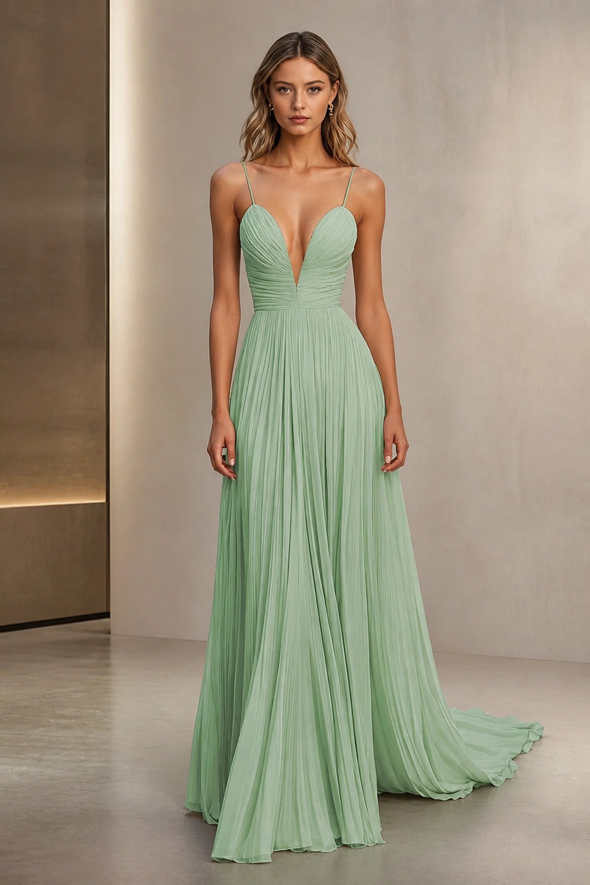 A-Line Plunging V-Neck Sleeveless Low-Back Floor-Length Wedding Guest Dress