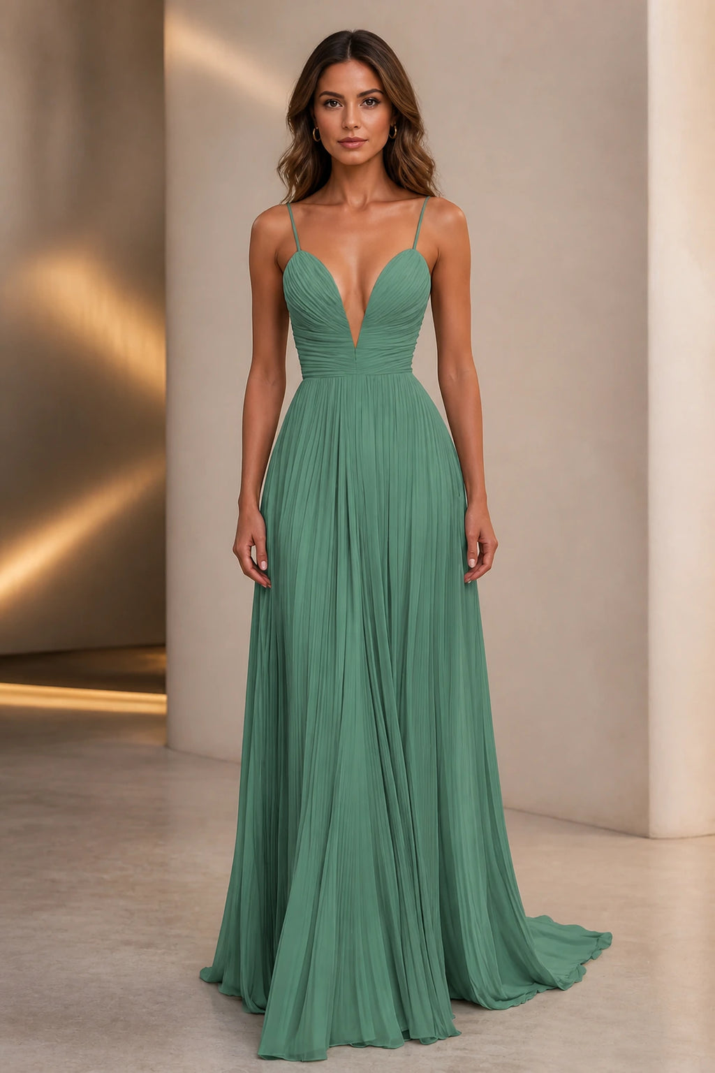 A-Line Plunging V-Neck Sleeveless Low-Back Floor-Length Wedding Guest Dress