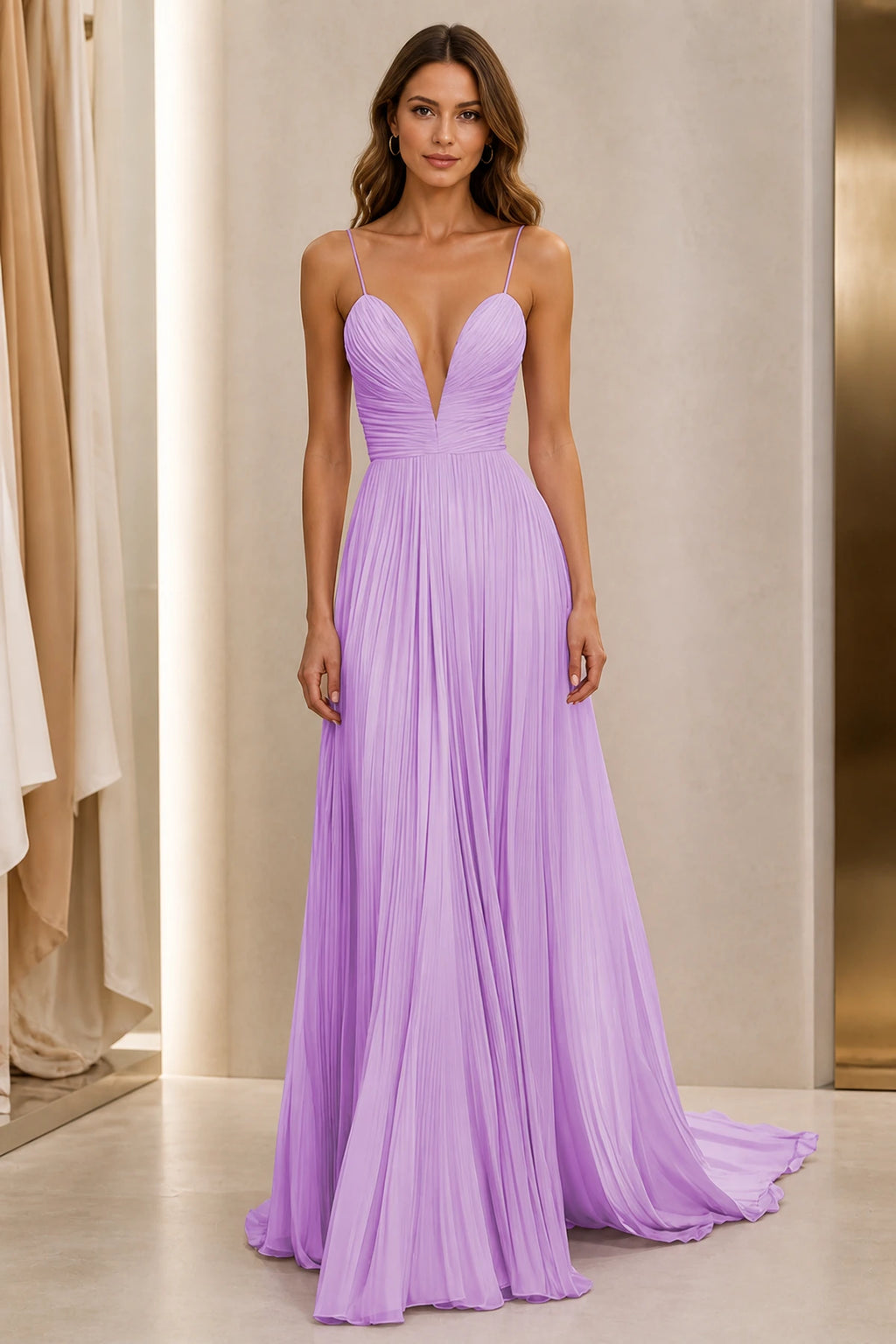 A-Line Plunging V-Neck Sleeveless Low-Back Floor-Length Wedding Guest Dress