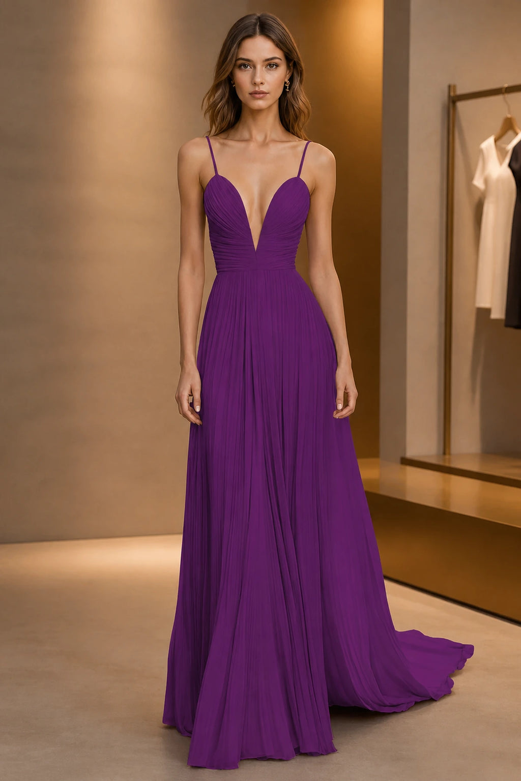 A-Line Plunging V-Neck Sleeveless Low-Back Floor-Length Wedding Guest Dress