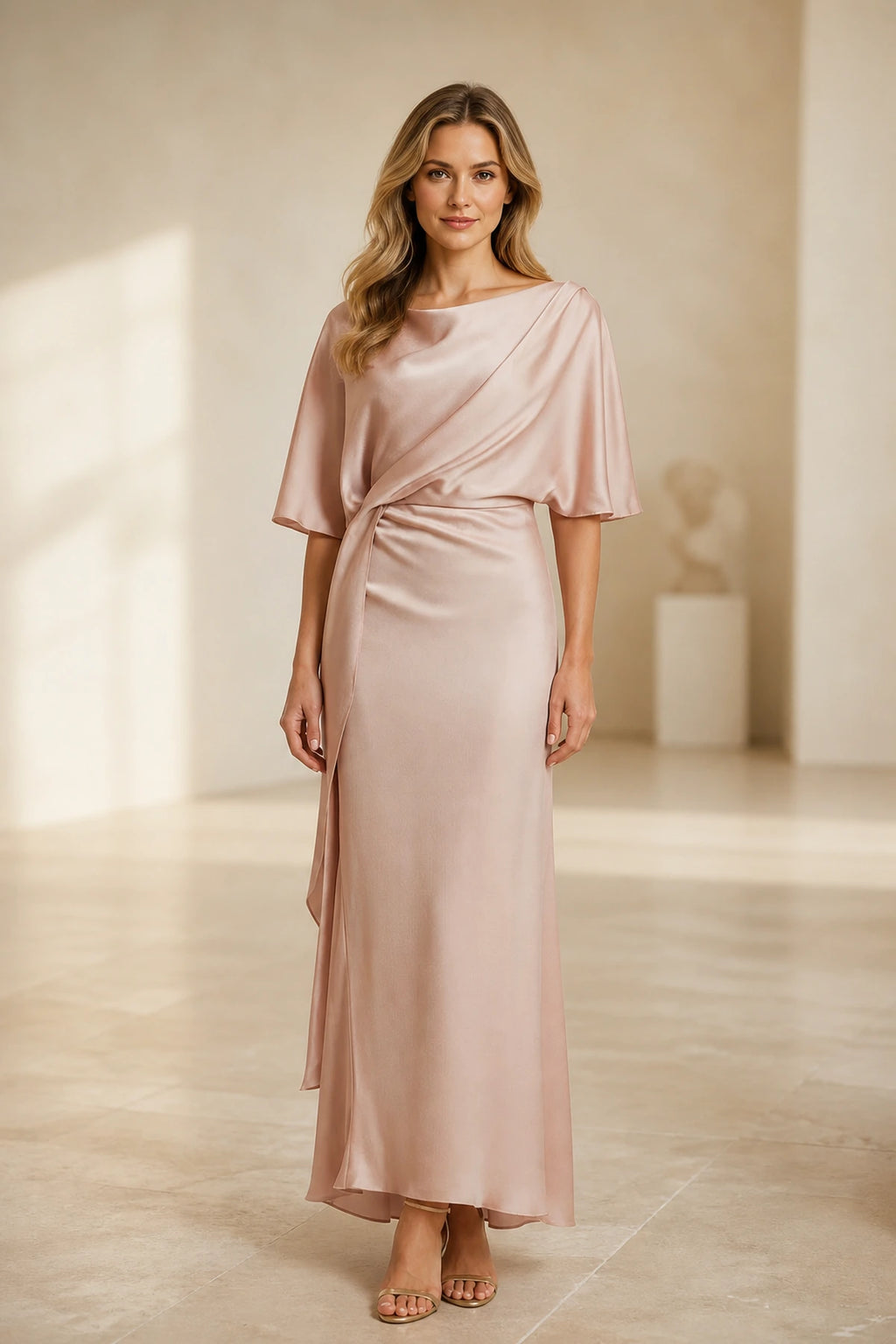 Graceprom blush satin mother of the bride dress, cowl neck flutter sleeve sheath maxi formal gown for wedding