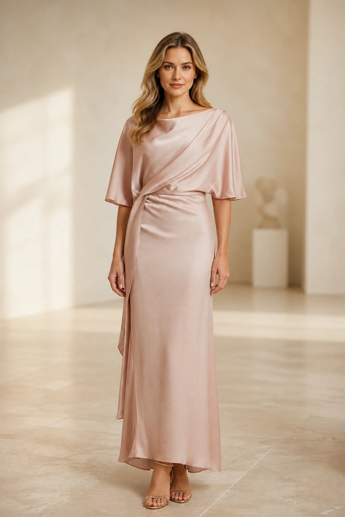Graceprom blush satin mother of the bride dress, cowl neck flutter sleeve sheath maxi formal gown for wedding
