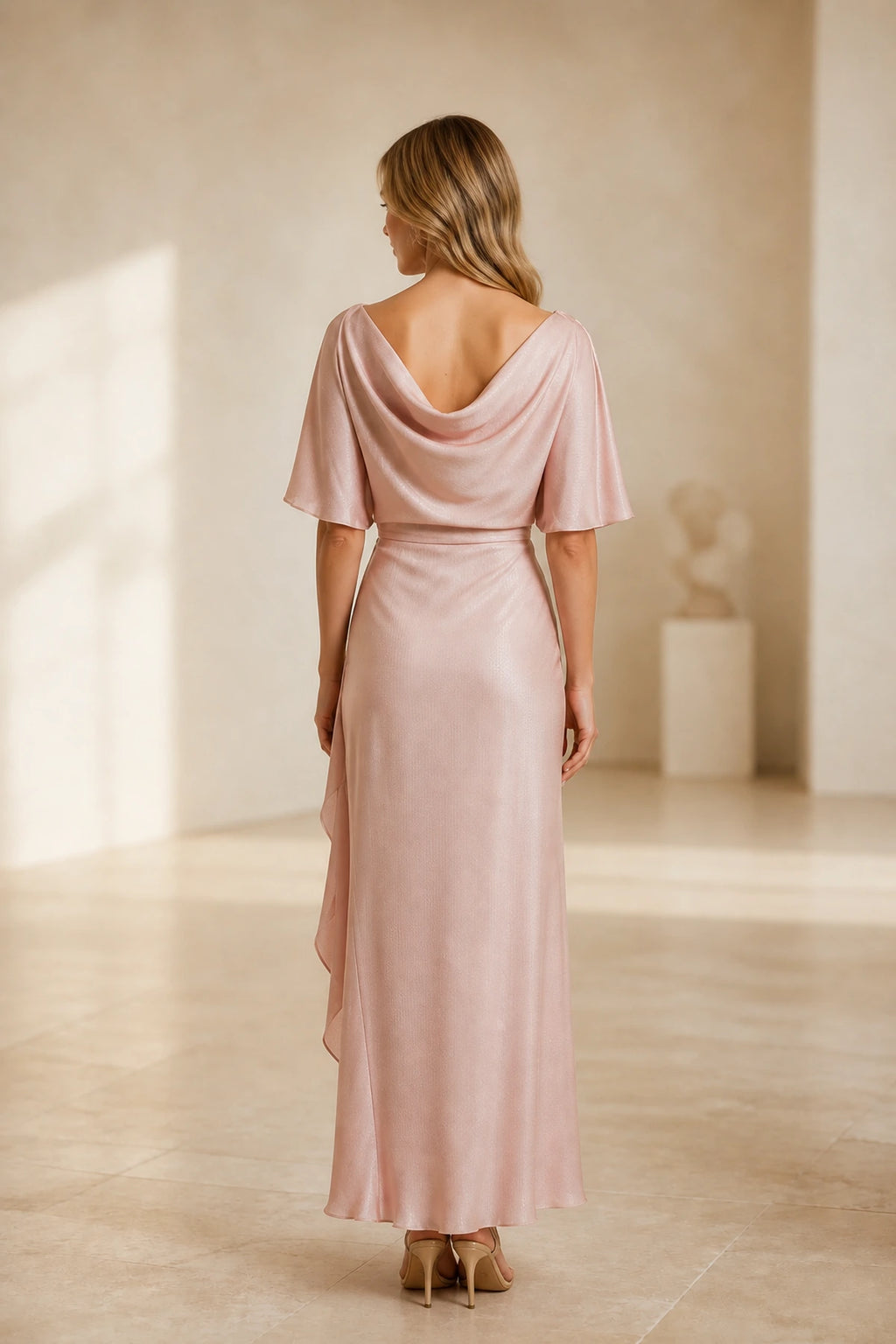 Graceprom blush mother of bride long dress, draped cowl back satin evening gown back view