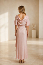 Graceprom blush mother of bride long dress, draped cowl back satin evening gown back view