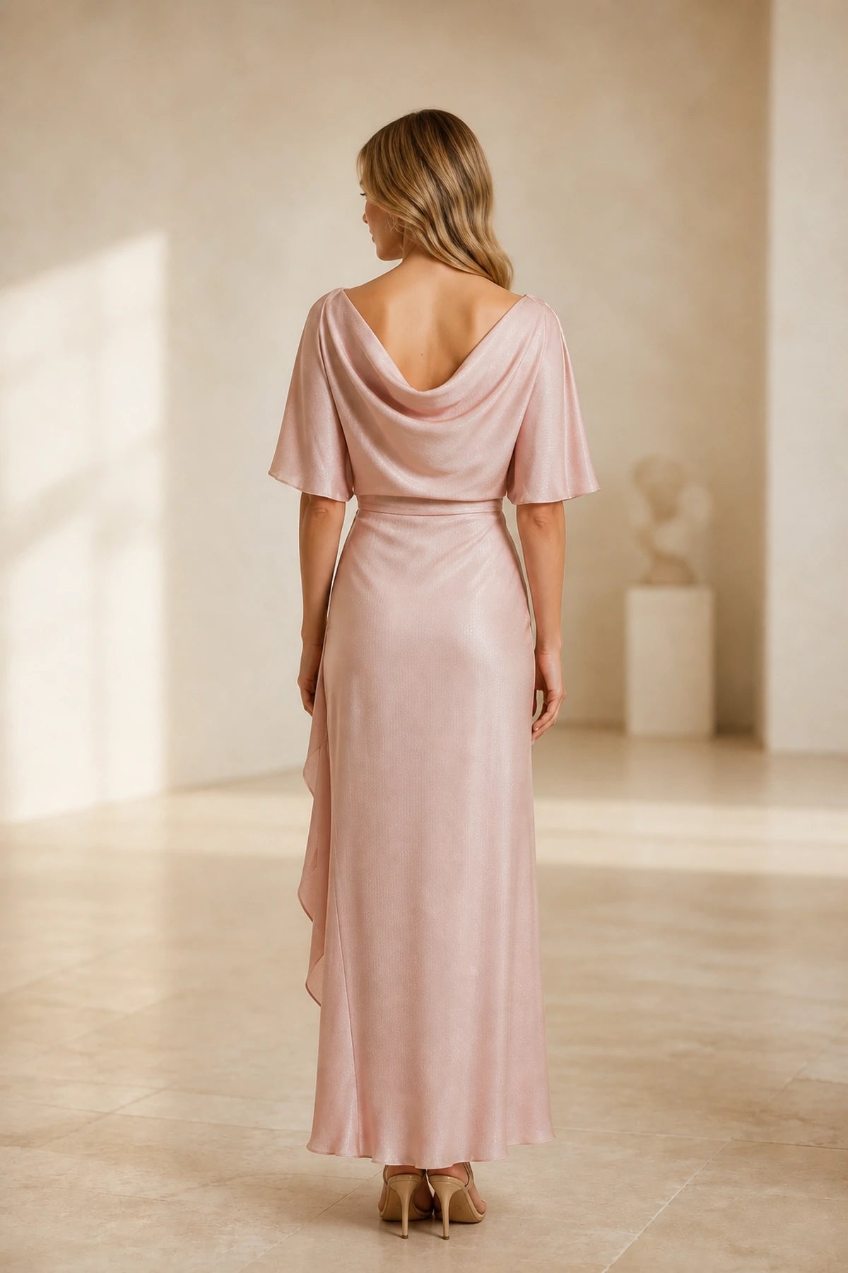 Graceprom blush mother of bride long dress, draped cowl back satin evening gown back view