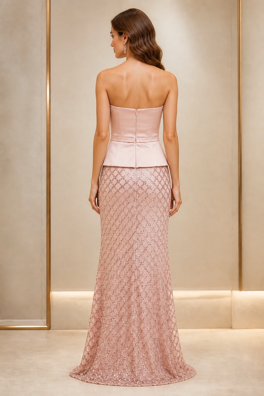 Back view Graceprom blush sequin mermaid formal dress with strapless open back and zipper closure