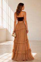 Back view of Graceprom brown strapless prom dress with zip back and tiered floor-length ruffle skirt