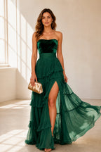 Romantic A-Line Sweetheart Strapless Zip-Back Floor-Length Ruffle Prom Dress