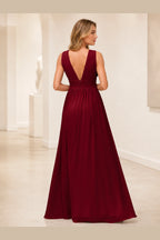 Back view of burgundy floor-length bridesmaid dress with deep V-back by GraceProm