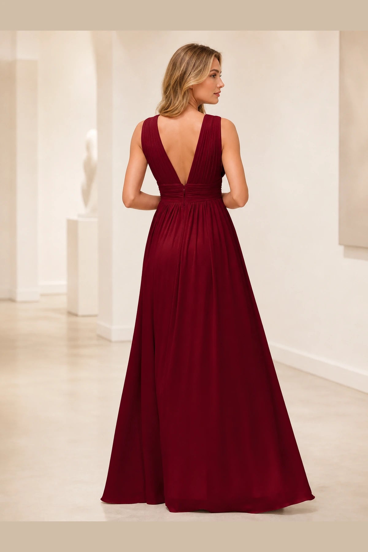 Back view of burgundy floor-length bridesmaid dress with deep V-back by GraceProm