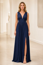 Romantic A-Line Deep V-Neck Sleeveless V-Back Floor-Length Bridesmaid Dress