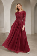 Burgundy A-line mother of the bride dress with long lace sleeves and floral lace bodice by GraceProm
