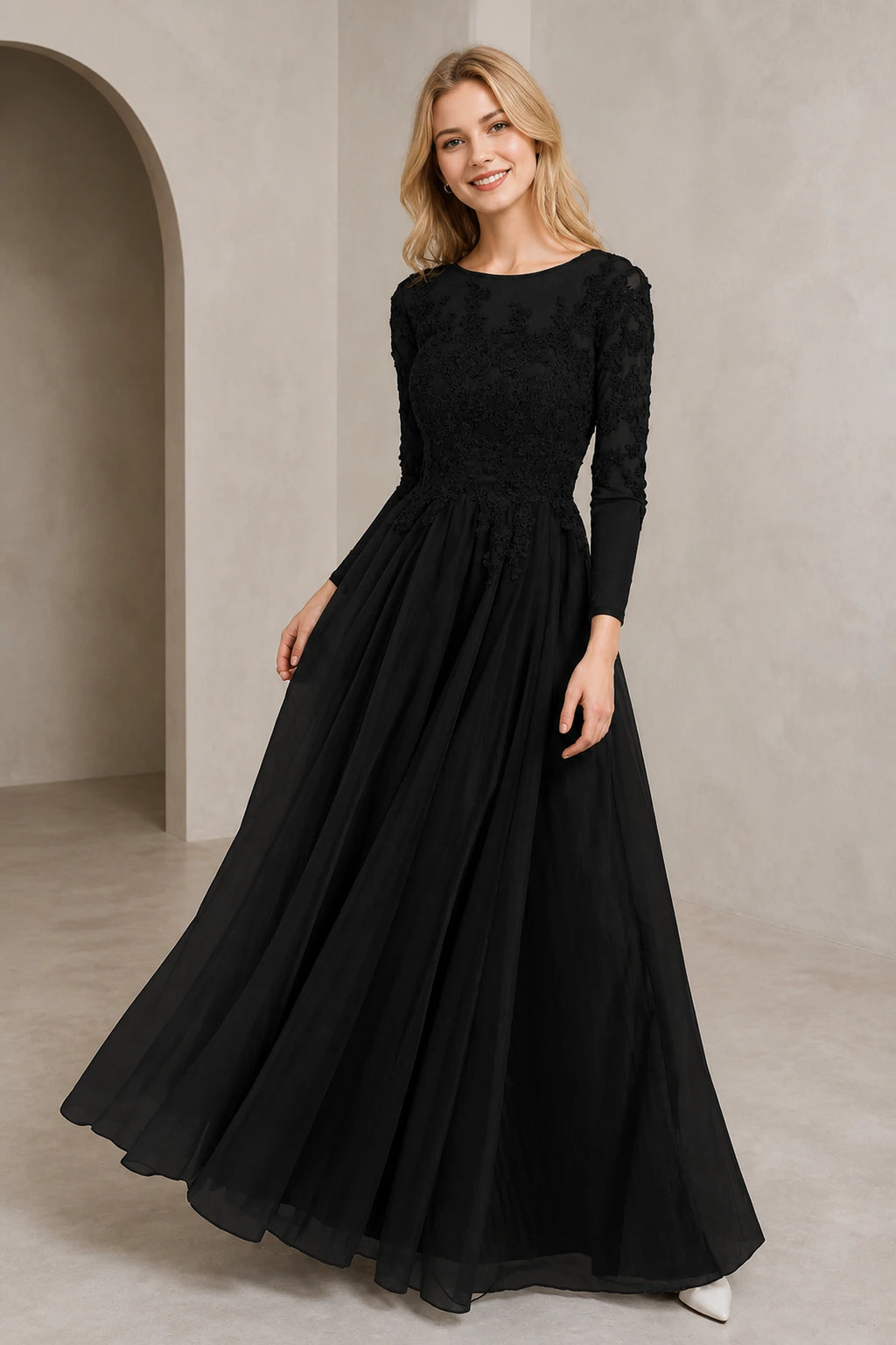 Regal A-Line Bateau Neck Long-Sleeve Keyhole-Back Floor-Length Mother of the Bride Dress