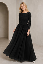 Regal A-Line Bateau Neck Long-Sleeve Keyhole-Back Floor-Length Mother of the Bride Dress