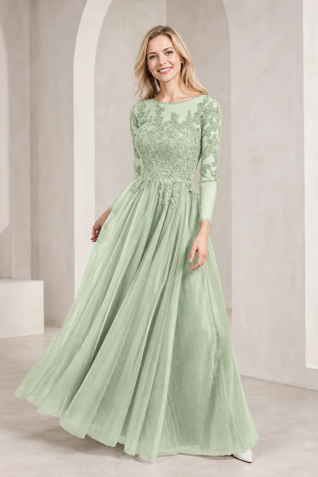 Regal A-Line Bateau Neck Long-Sleeve Keyhole-Back Floor-Length Mother of the Bride Dress