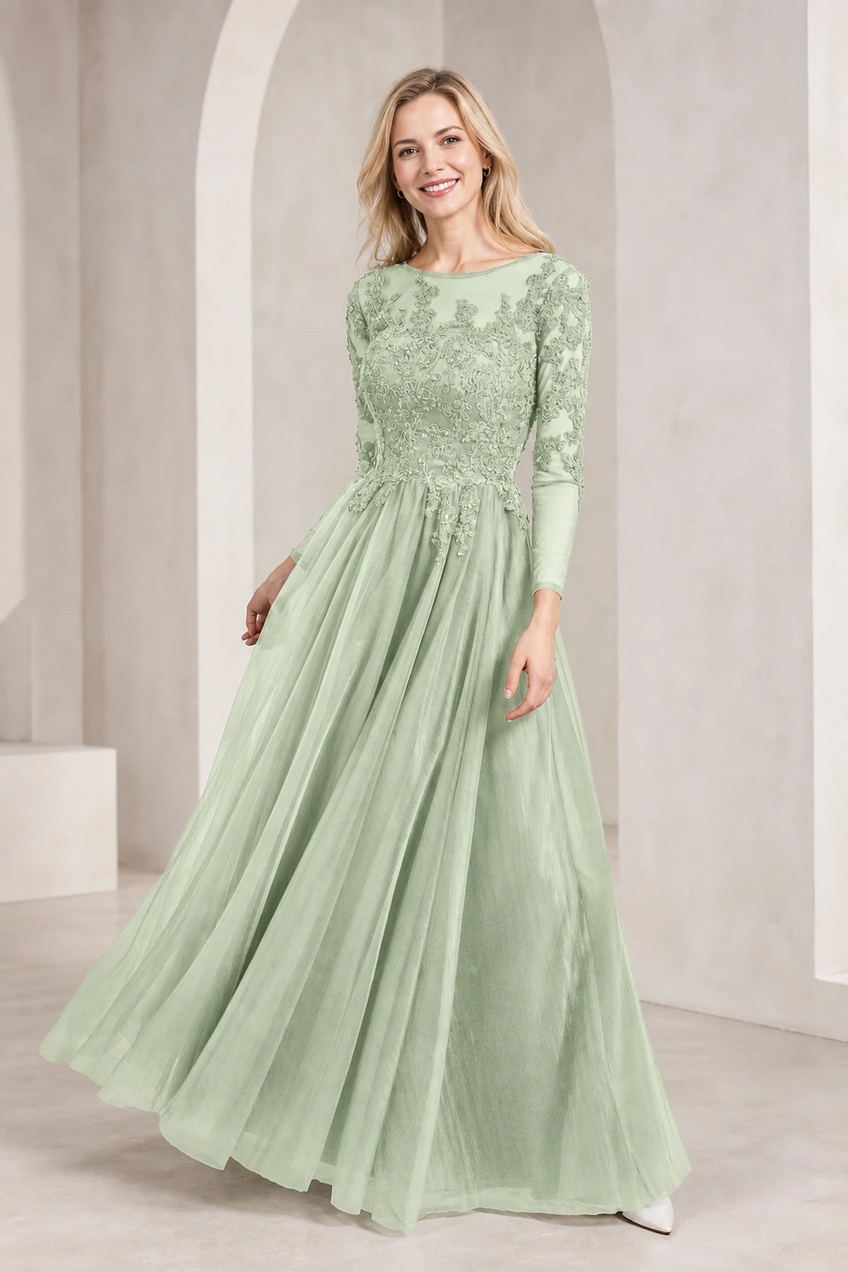 Regal A-Line Bateau Neck Long-Sleeve Keyhole-Back Floor-Length Mother of the Bride Dress