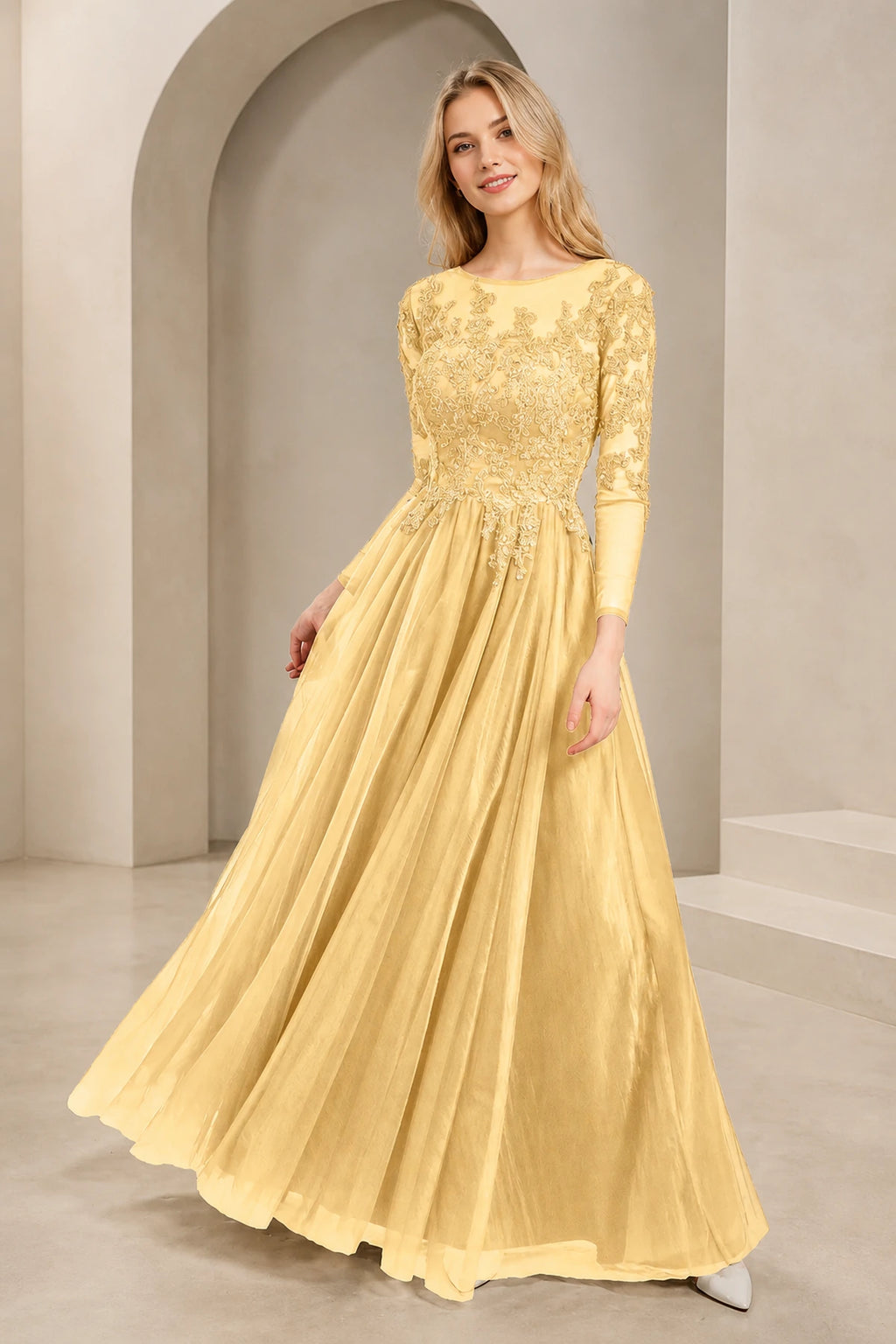 Regal A-Line Bateau Neck Long-Sleeve Keyhole-Back Floor-Length Mother of the Bride Dress