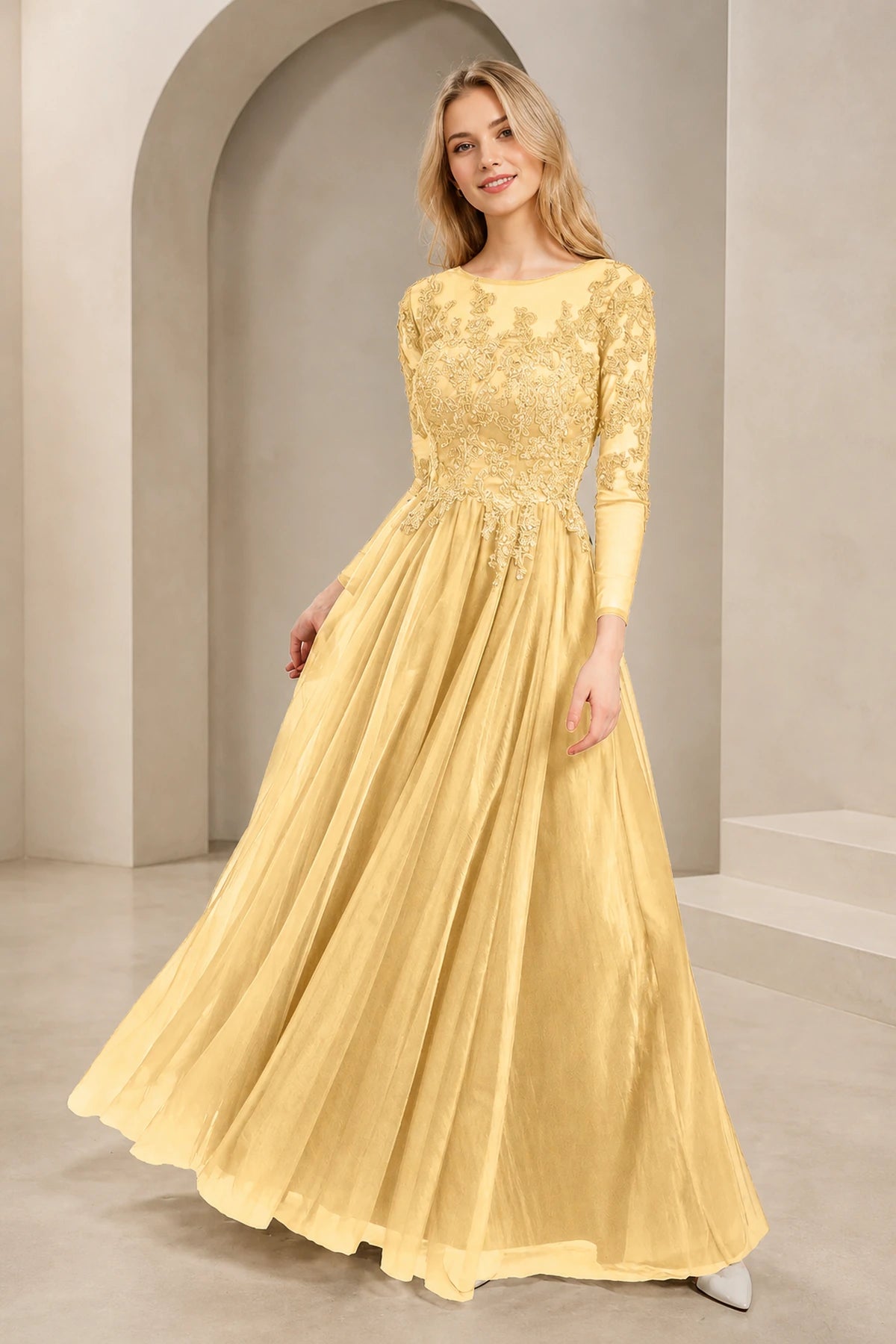 Regal A-Line Bateau Neck Long-Sleeve Keyhole-Back Floor-Length Mother of the Bride Dress