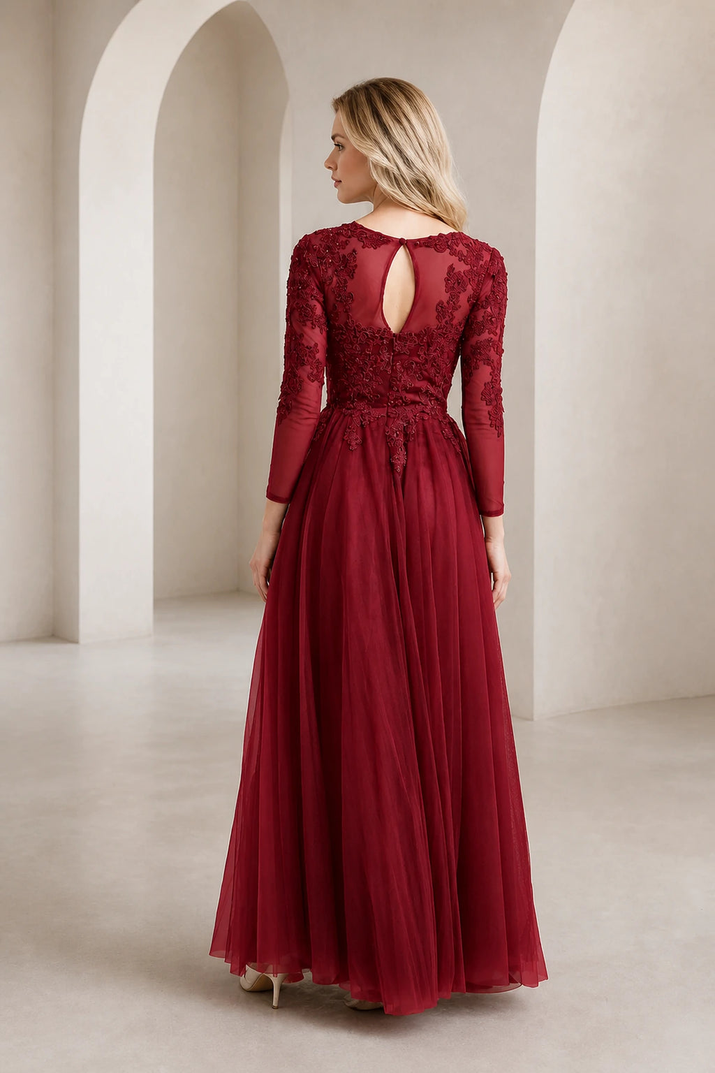 Back view of burgundy lace mother of the bride dress with long sleeves and keyhole back by GraceProm