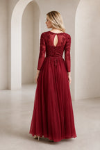 Back view of burgundy lace mother of the bride dress with long sleeves and keyhole back by GraceProm