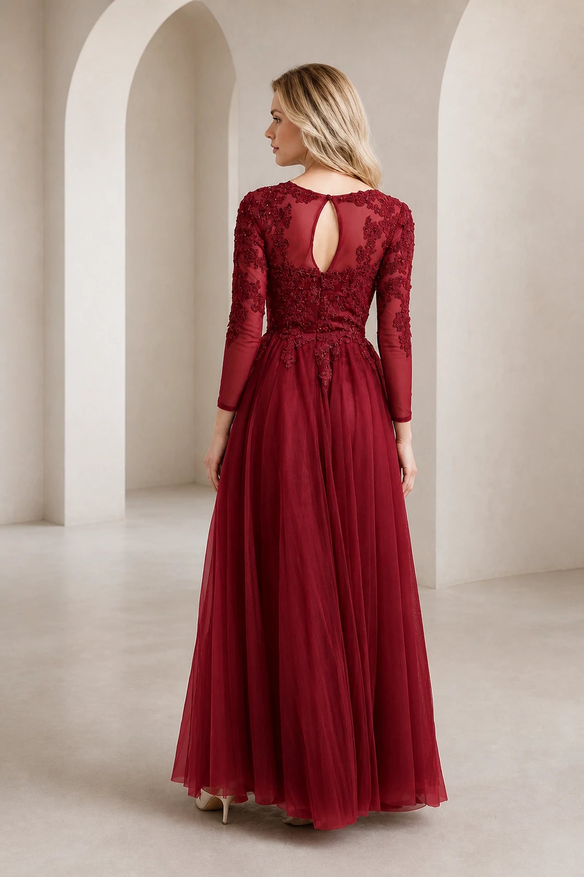 Back view of burgundy lace mother of the bride dress with long sleeves and keyhole back by GraceProm
