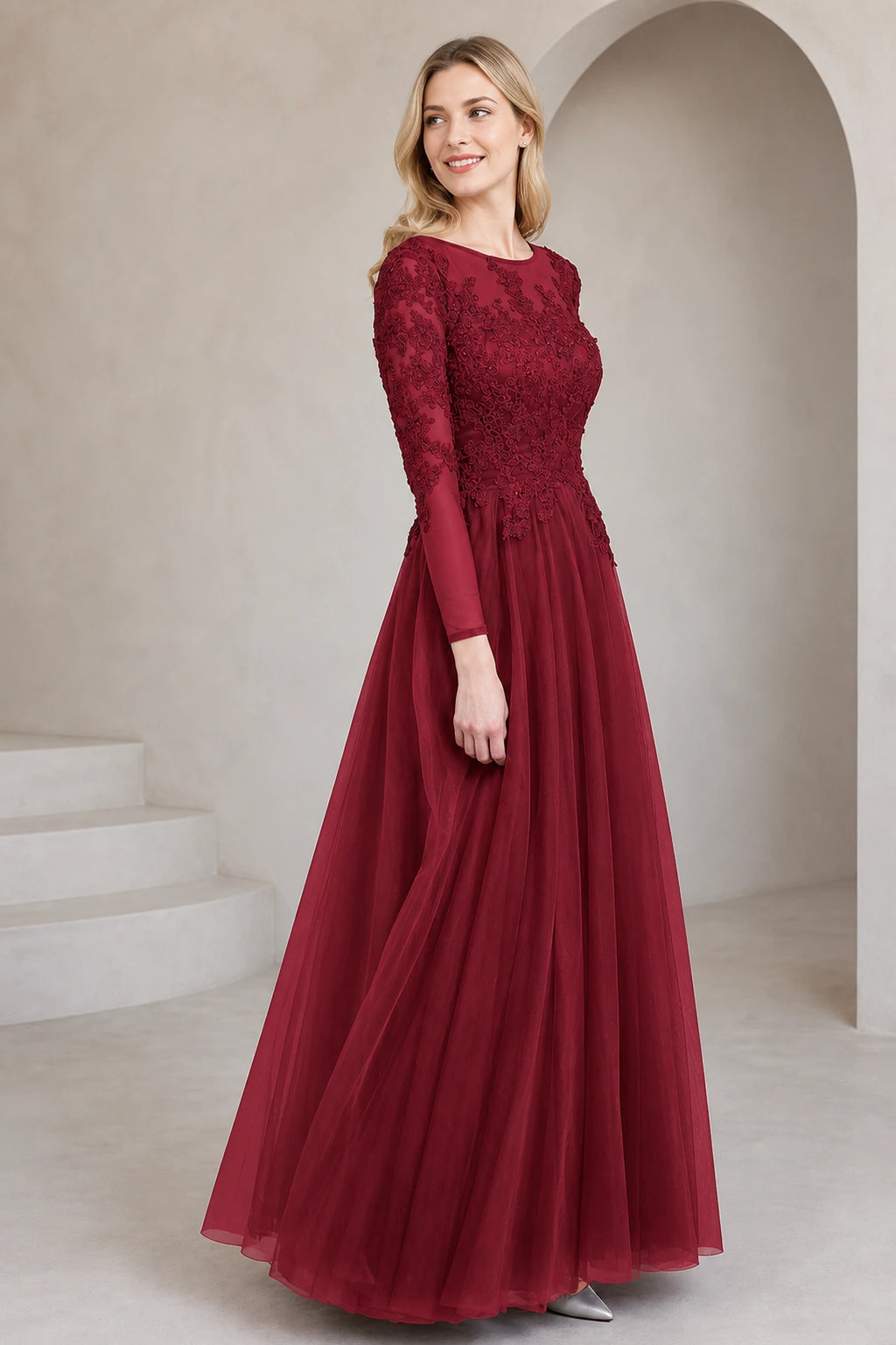 Regal A-Line Bateau Neck Long-Sleeve Keyhole-Back Floor-Length Mother of the Bride Dress