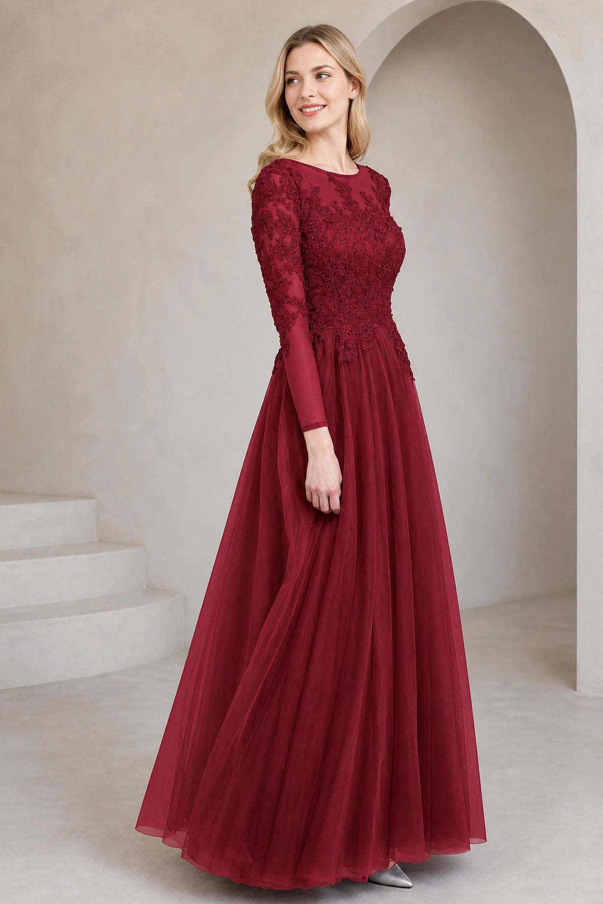 Regal A-Line Bateau Neck Long-Sleeve Keyhole-Back Floor-Length Mother of the Bride Dress