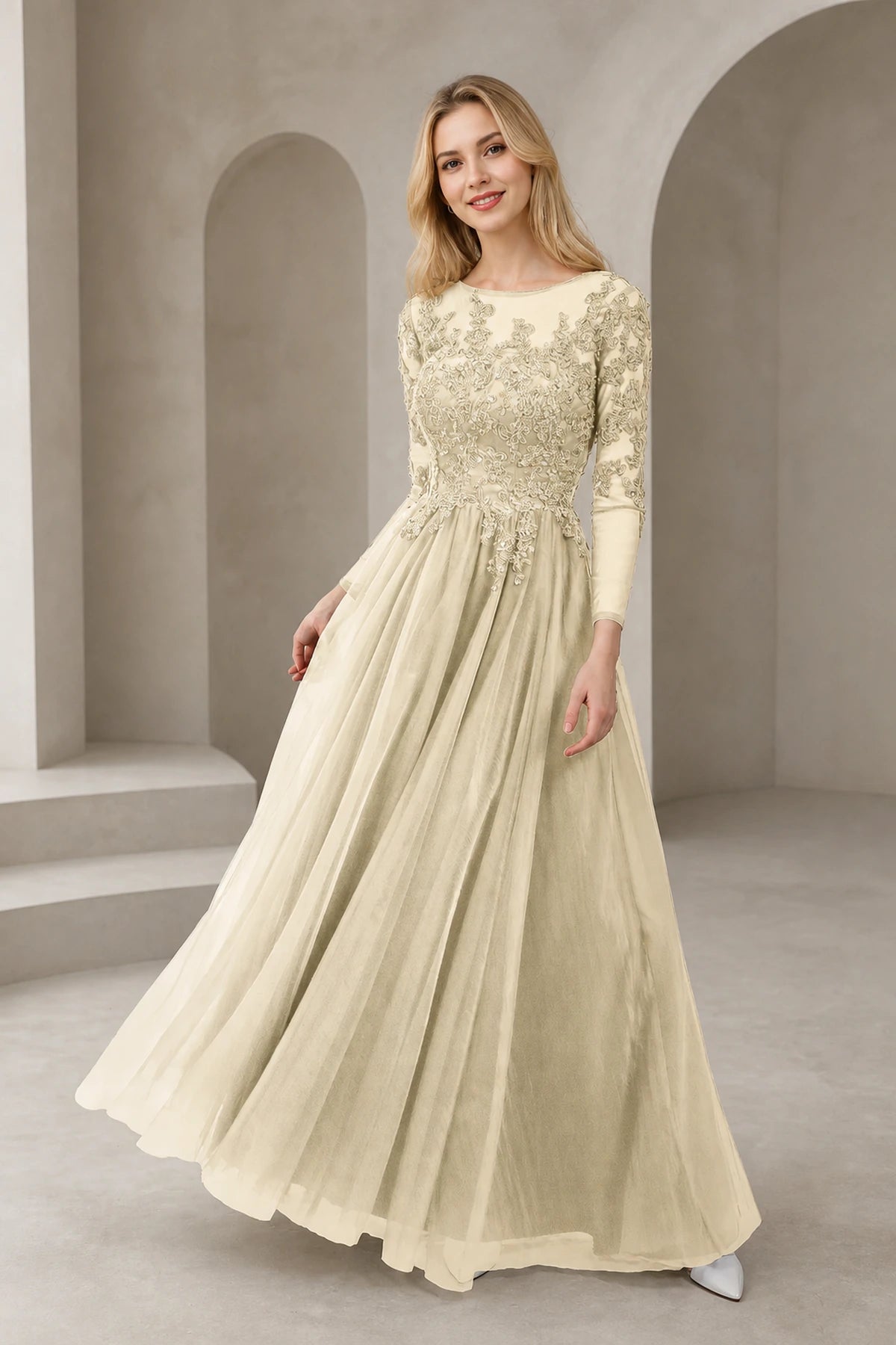 Regal A-Line Bateau Neck Long-Sleeve Keyhole-Back Floor-Length Mother of the Bride Dress