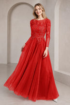 Regal A-Line Bateau Neck Long-Sleeve Keyhole-Back Floor-Length Mother of the Bride Dress
