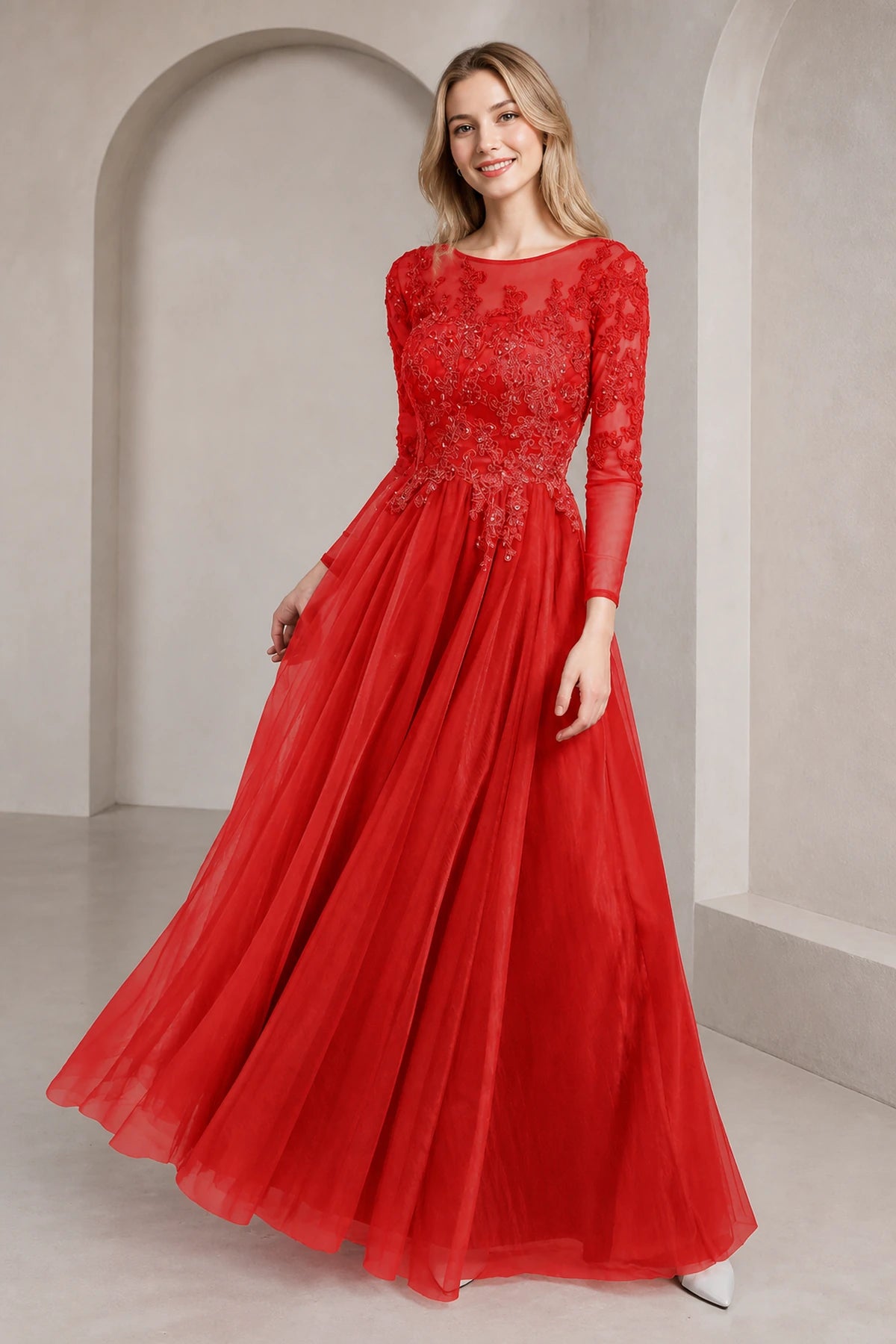 Regal A-Line Bateau Neck Long-Sleeve Keyhole-Back Floor-Length Mother of the Bride Dress