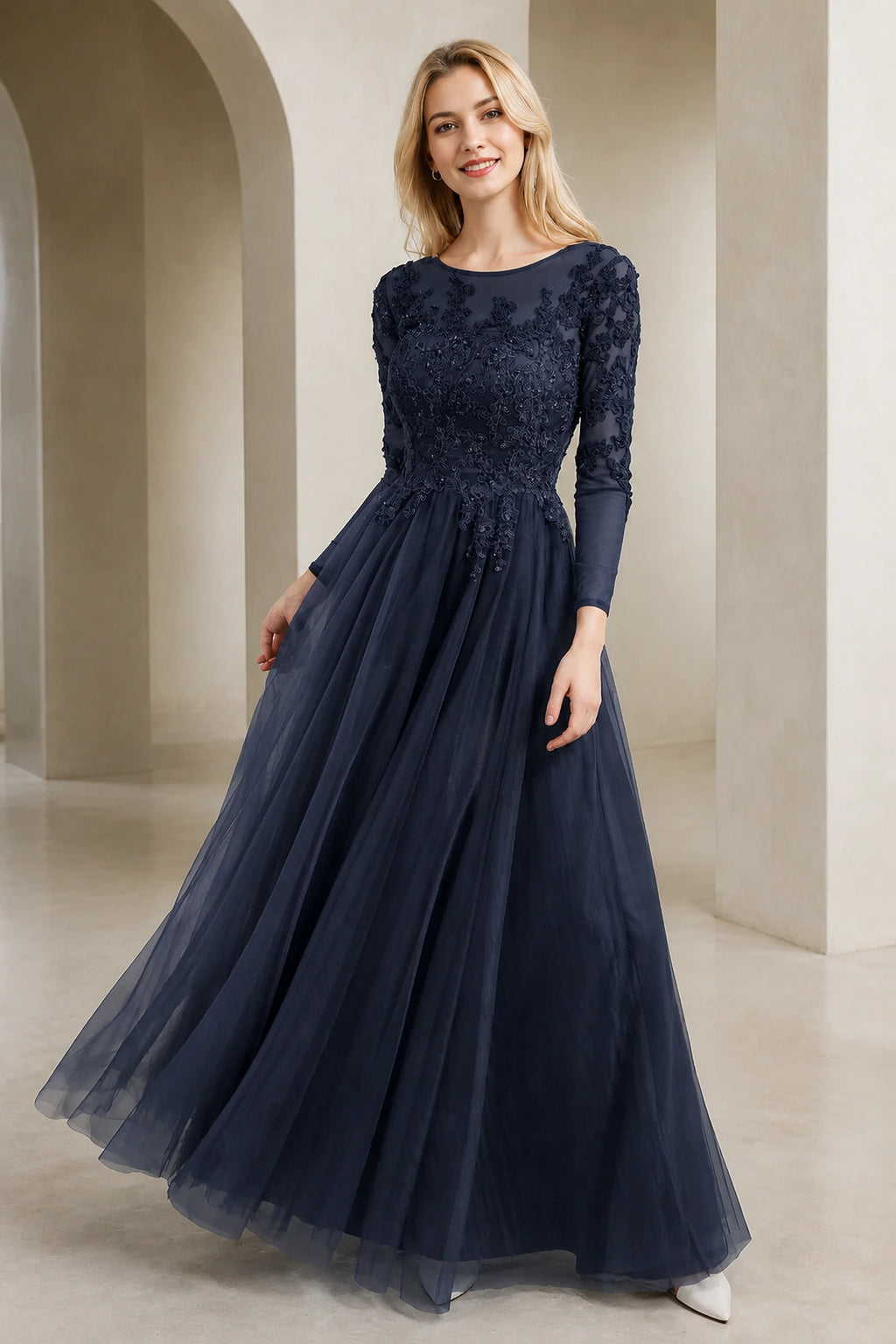 Regal A-Line Bateau Neck Long-Sleeve Keyhole-Back Floor-Length Mother of the Bride Dress