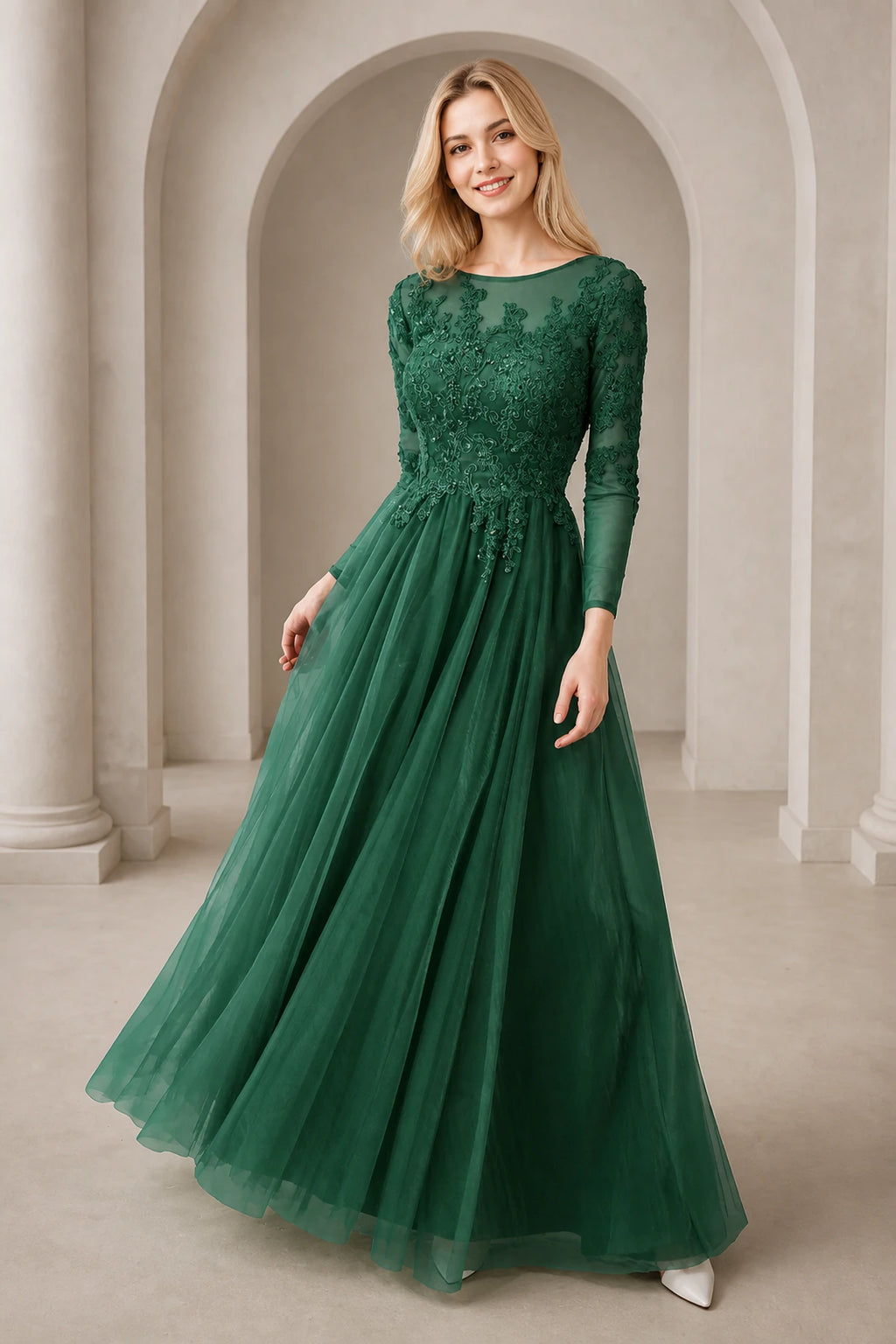 Regal A-Line Bateau Neck Long-Sleeve Keyhole-Back Floor-Length Mother of the Bride Dress