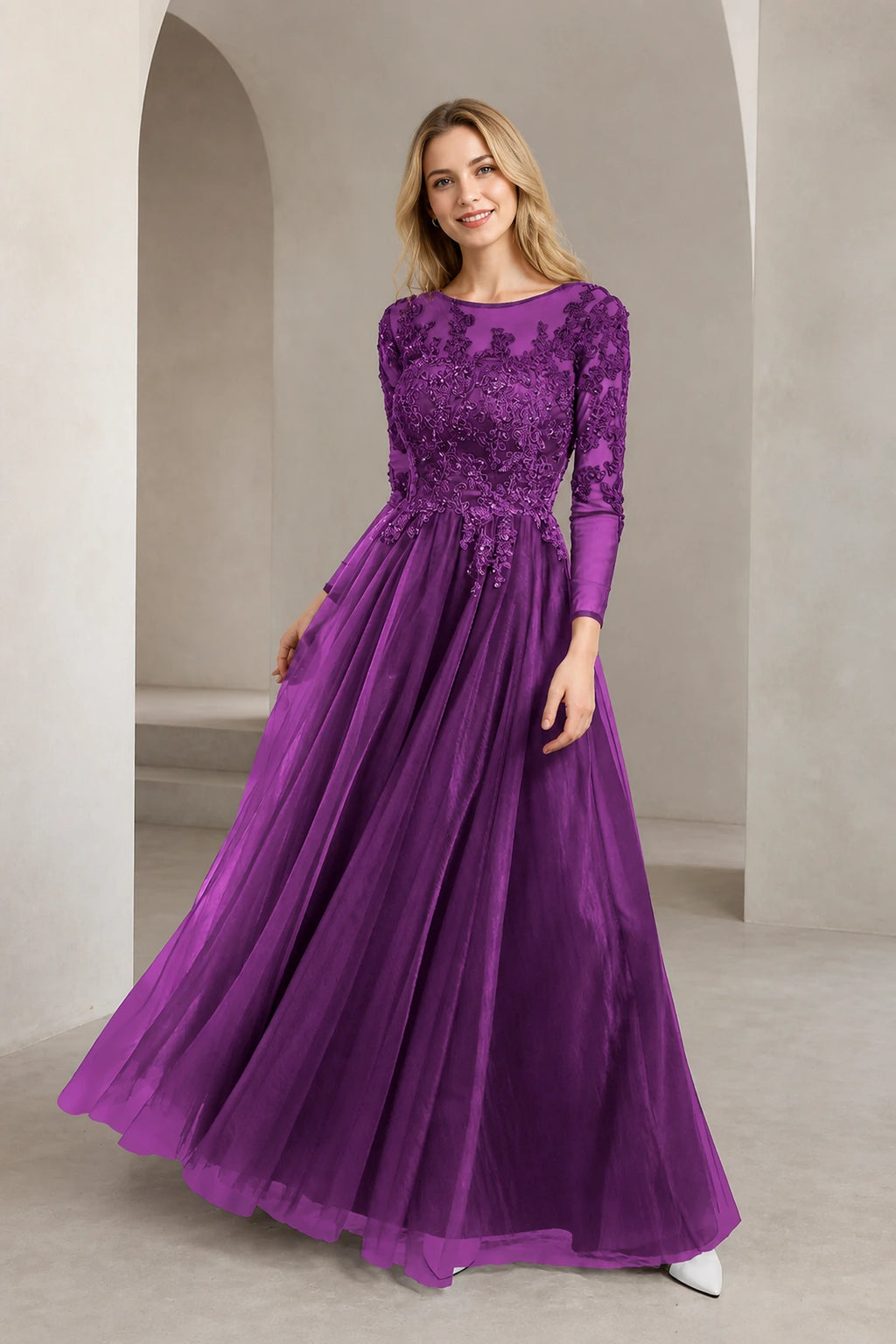 Regal A-Line Bateau Neck Long-Sleeve Keyhole-Back Floor-Length Mother of the Bride Dress