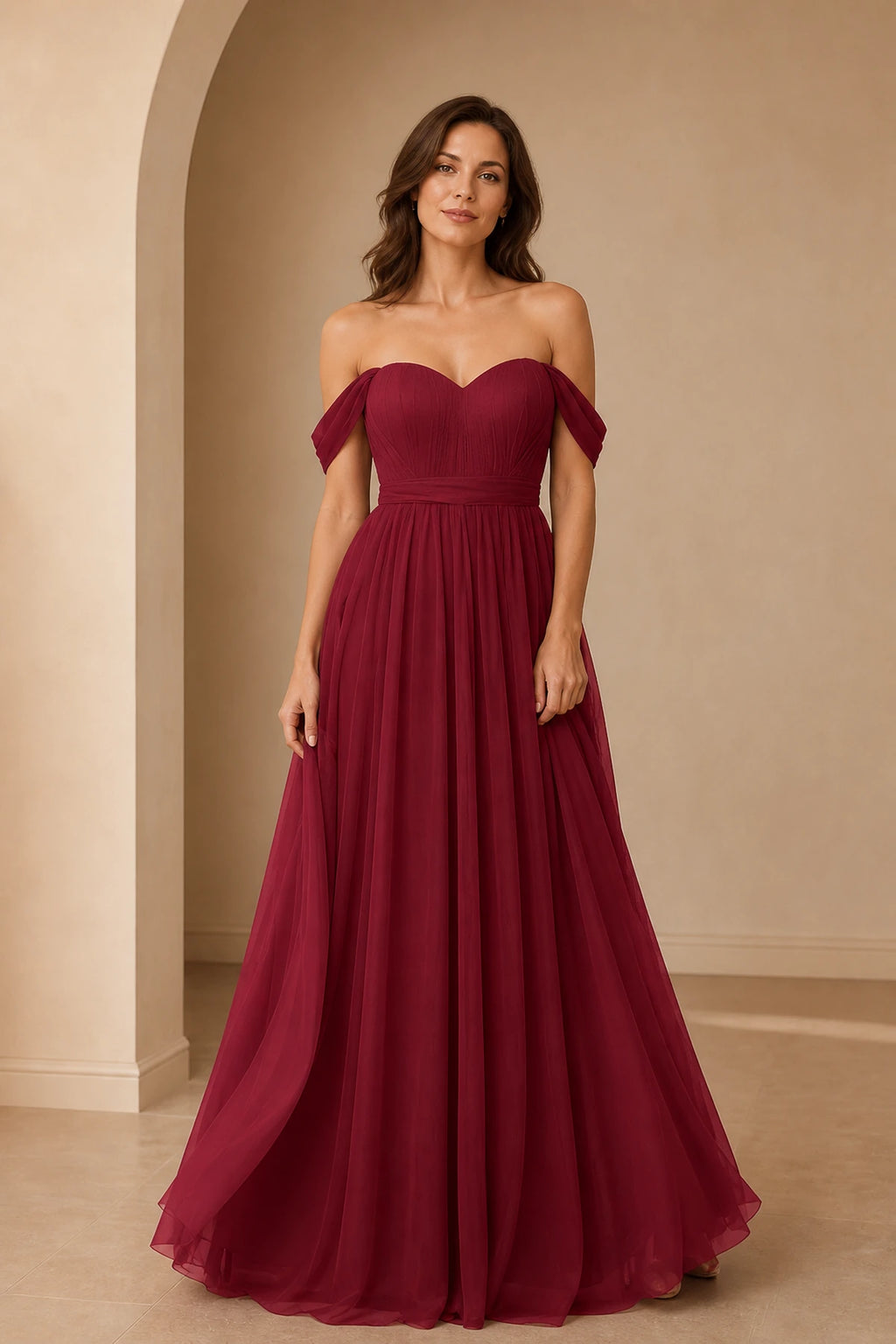 Burgundy A-line bridesmaid dress with sweetheart neckline and off-shoulder sleeves by GraceProm
