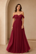 Burgundy A-line bridesmaid dress with sweetheart neckline and off-shoulder sleeves by GraceProm